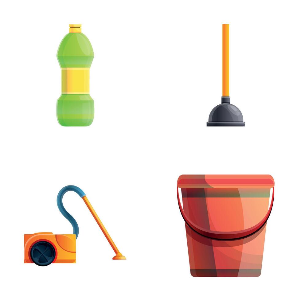 Cleaning equipment icons set cartoon vector. House cleaning equipment vector