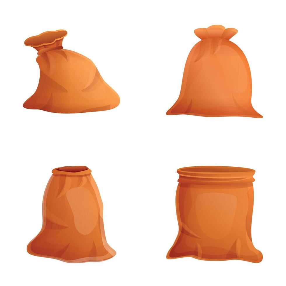 Harvest storage icons set cartoon vector. Cereal and grain in fabric bag vector