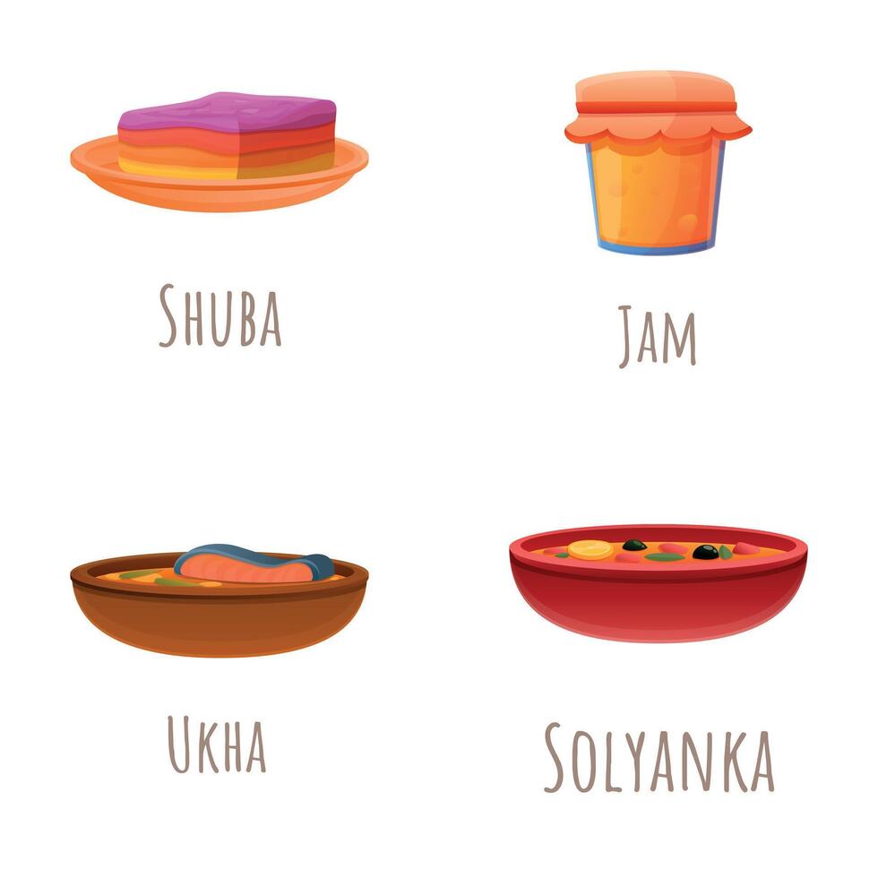 Russian dish icons set cartoon vector. Various traditional dish vector