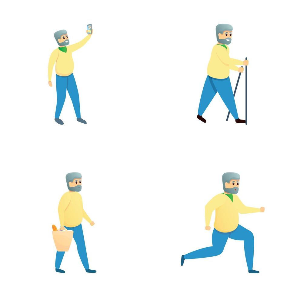 Active grandfather icons set cartoon vector. Smiling active old man vector
