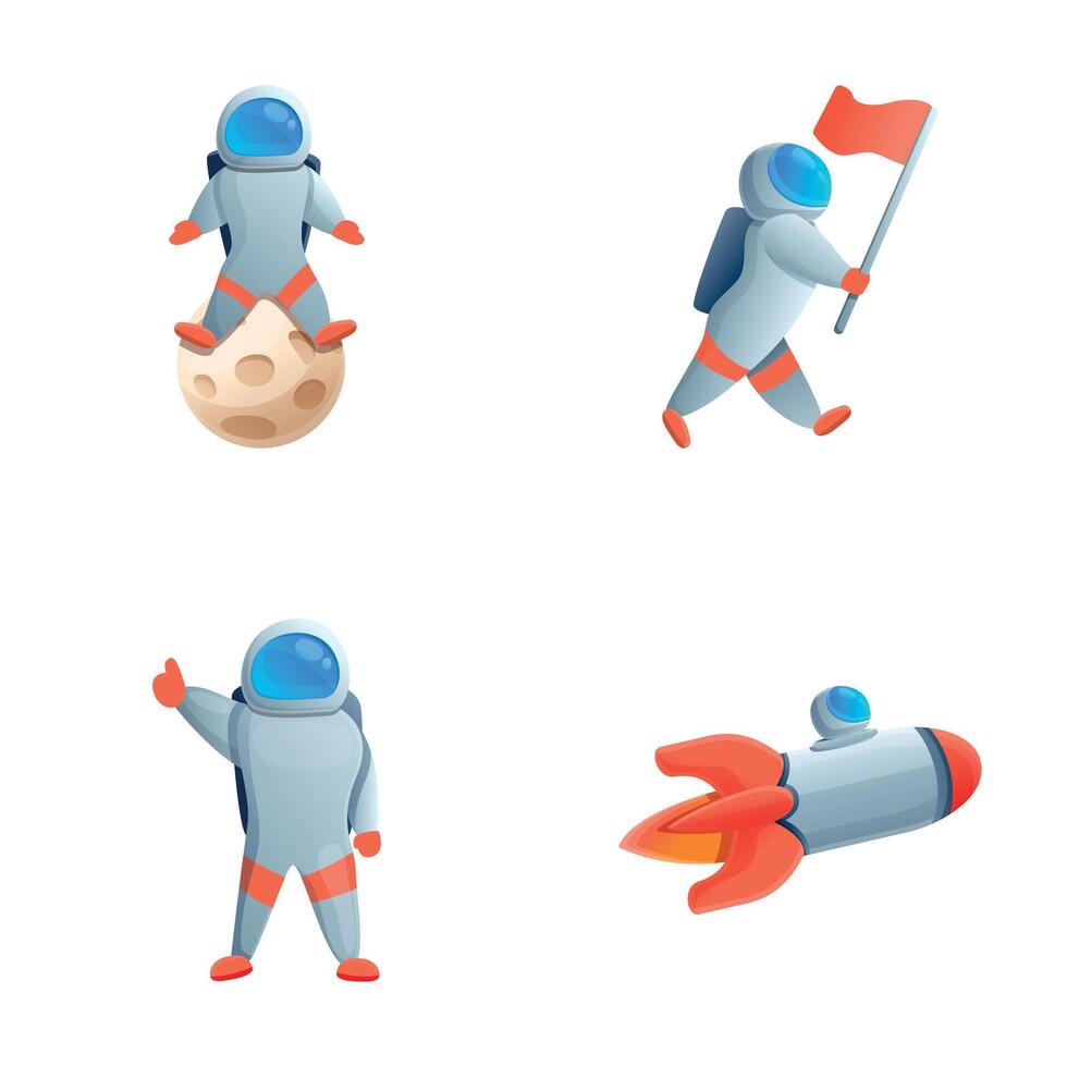 Cute spaceman icons set cartoon vector. Astronaut with flag and flying rocket vector