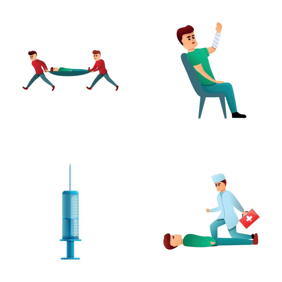 Emergency help icons set cartoon vector. Nursing staff and patient on stretcher vector