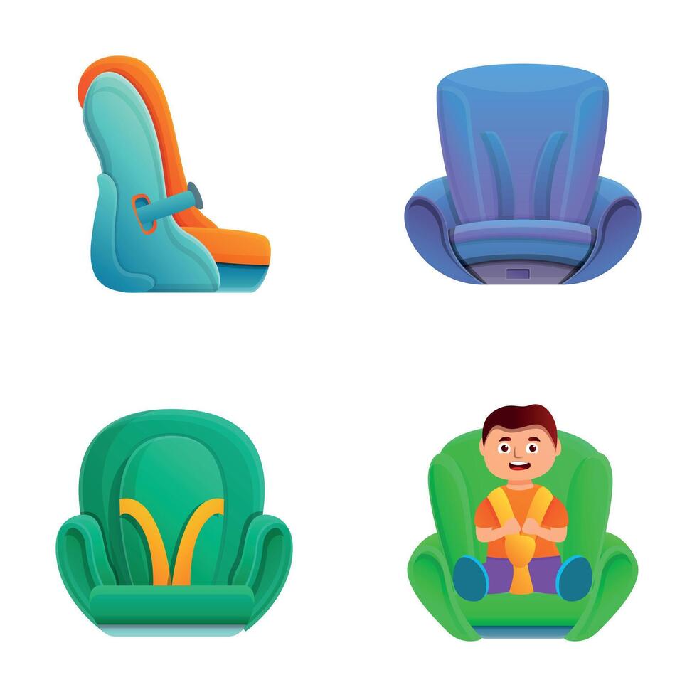 Baby seat icons set cartoon vector. Different type of child restraint vector