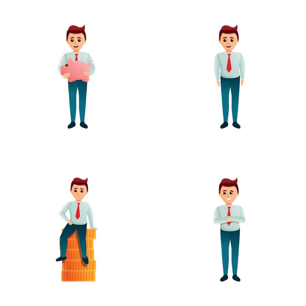 Saving concept icons set cartoon vector. Man with piggy bank and coin stack vector