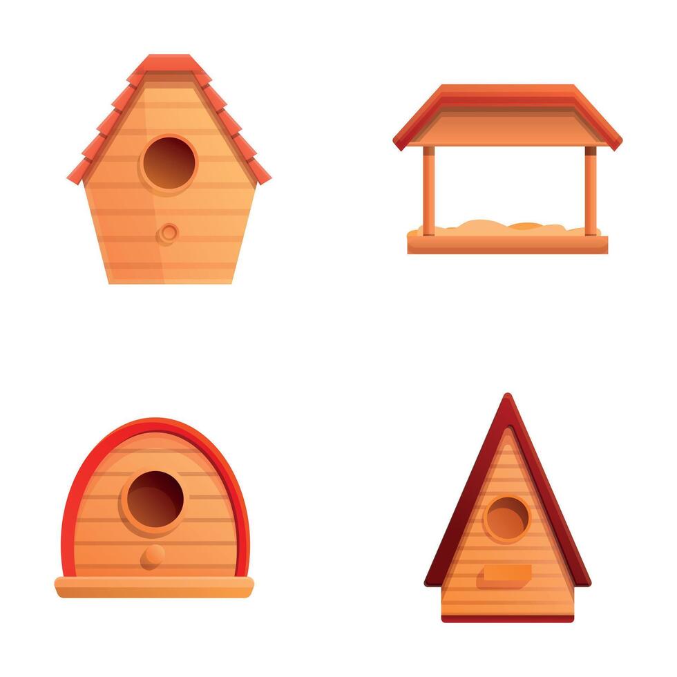 Wooden birdhouse icons set cartoon vector. Crafted birdhouse with feeder vector