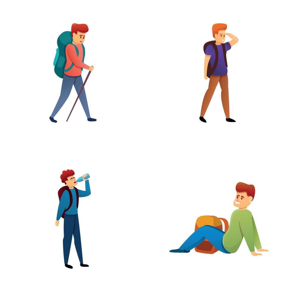 Trekking icons set cartoon vector. Tourist group with backpack and walking pole vector