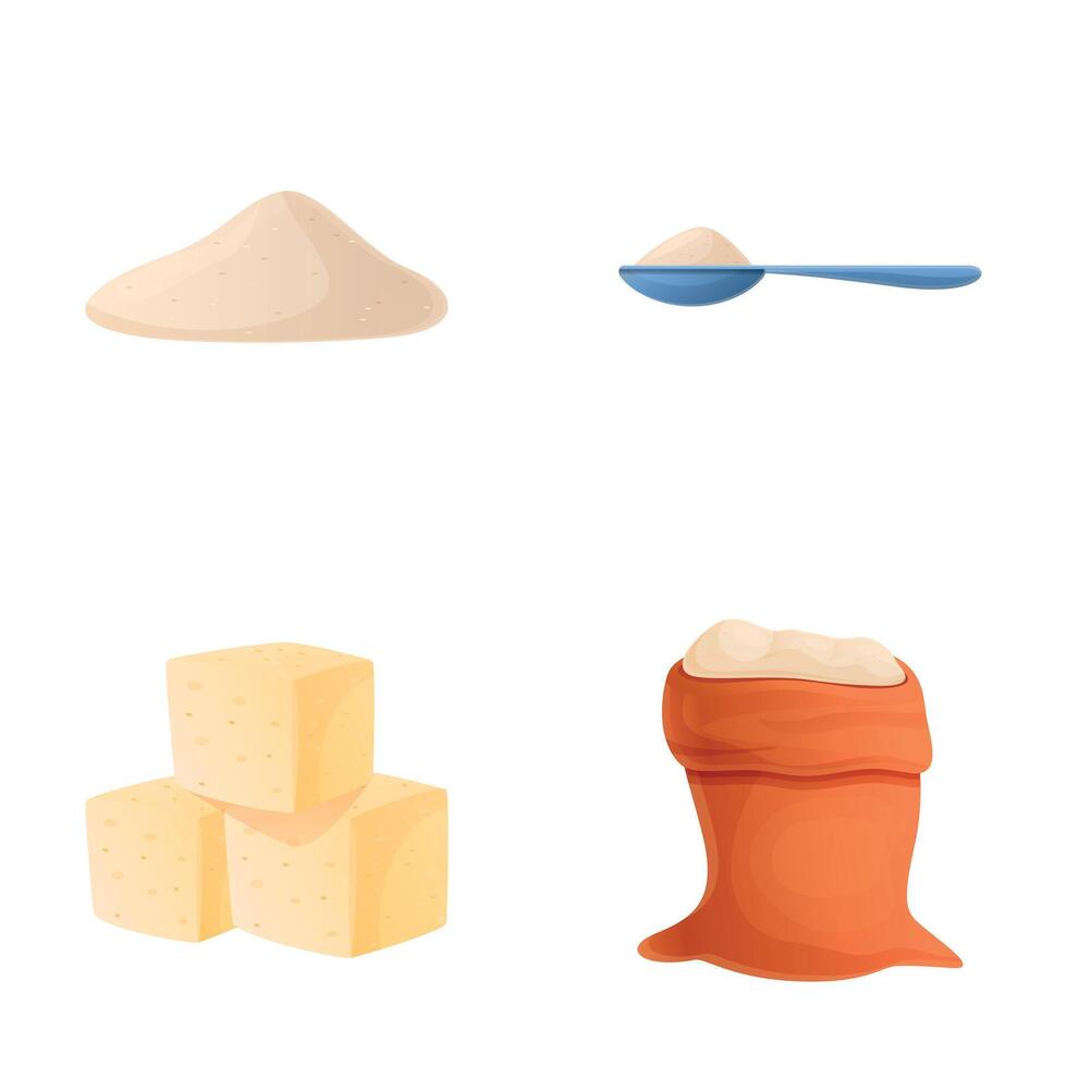 Granulated sugar icons set cartoon vector. Cube and crystalline sugar vector