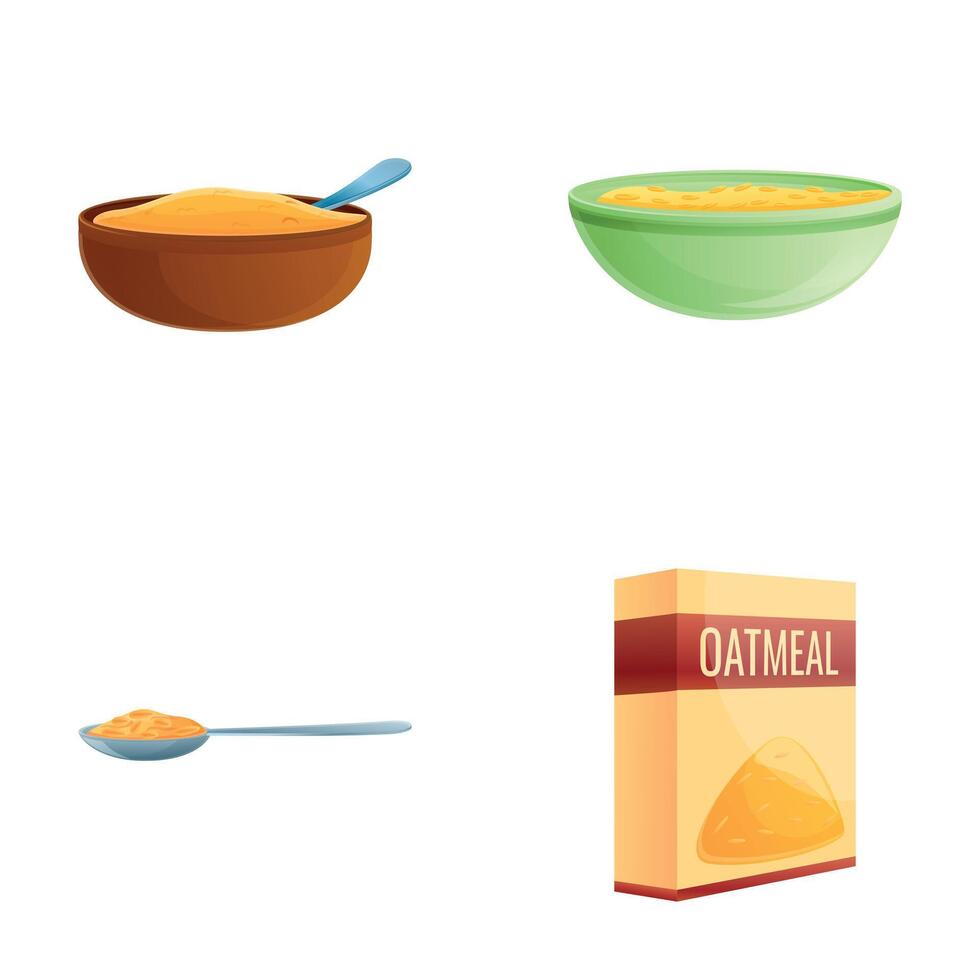Oat porridge icons set cartoon vector. Oatmeal in package and bowl vector