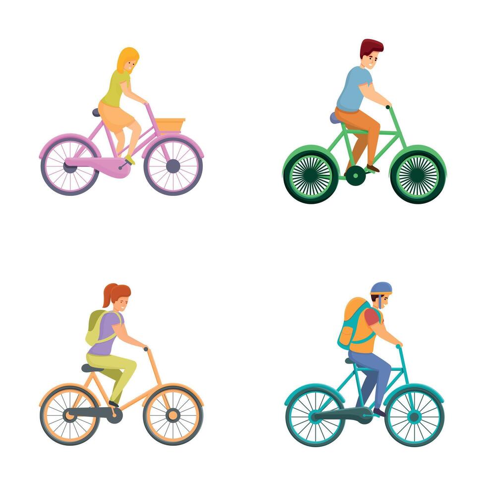Cycling icons set cartoon vector. Man and woman on bicycle vector