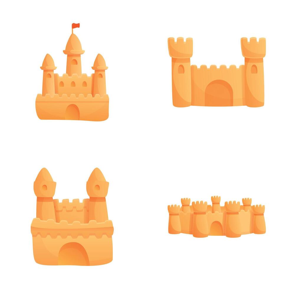 Sandcastle icons set cartoon vector. Various sand castle with tower vector