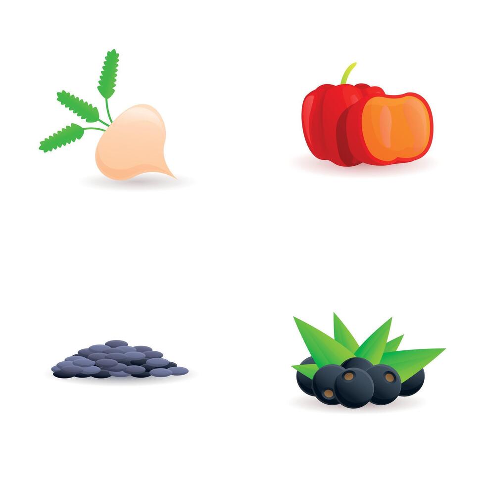 Organic food icons set cartoon vector. Turnip blueberry and ackee vector