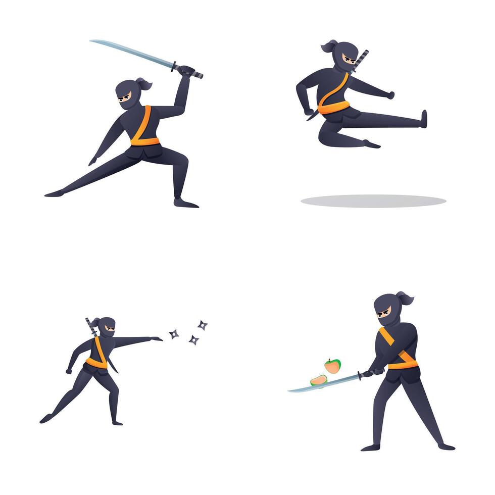 Ninja character icons set cartoon vector. Ninja character in fighting pose vector