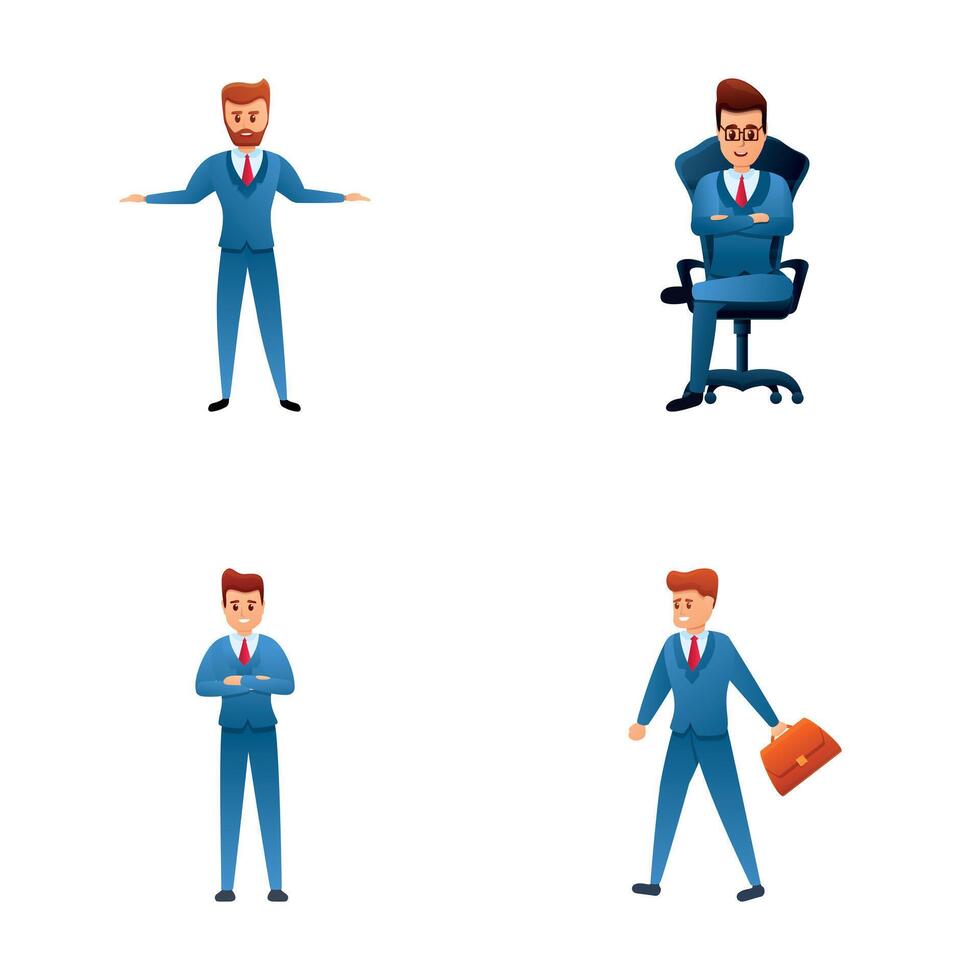 Businessman icons set cartoon vector. Man in suit with briefcase and in chair vector