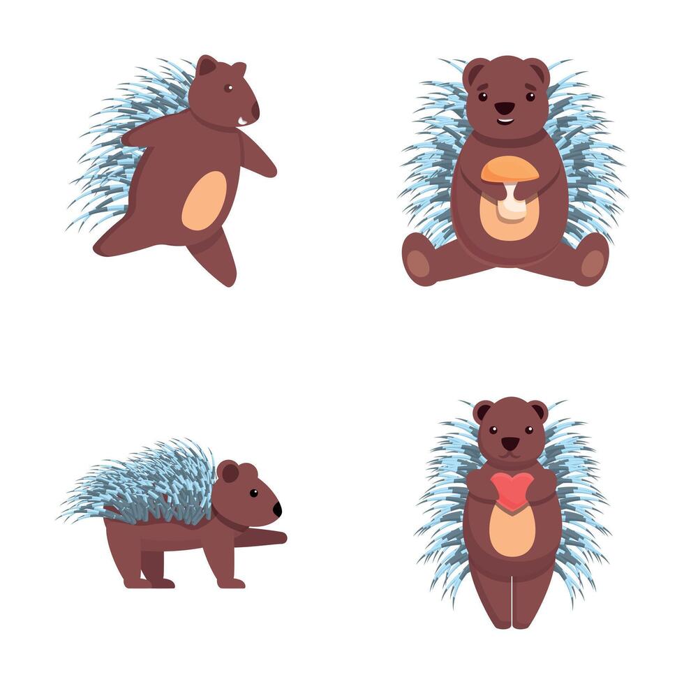 Cartoon porcupine icons set cartoon vector. Porcupine doing various activity vector