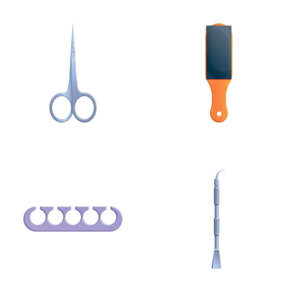 Pedicure icons set cartoon vector. Pedicure nail service tool vector