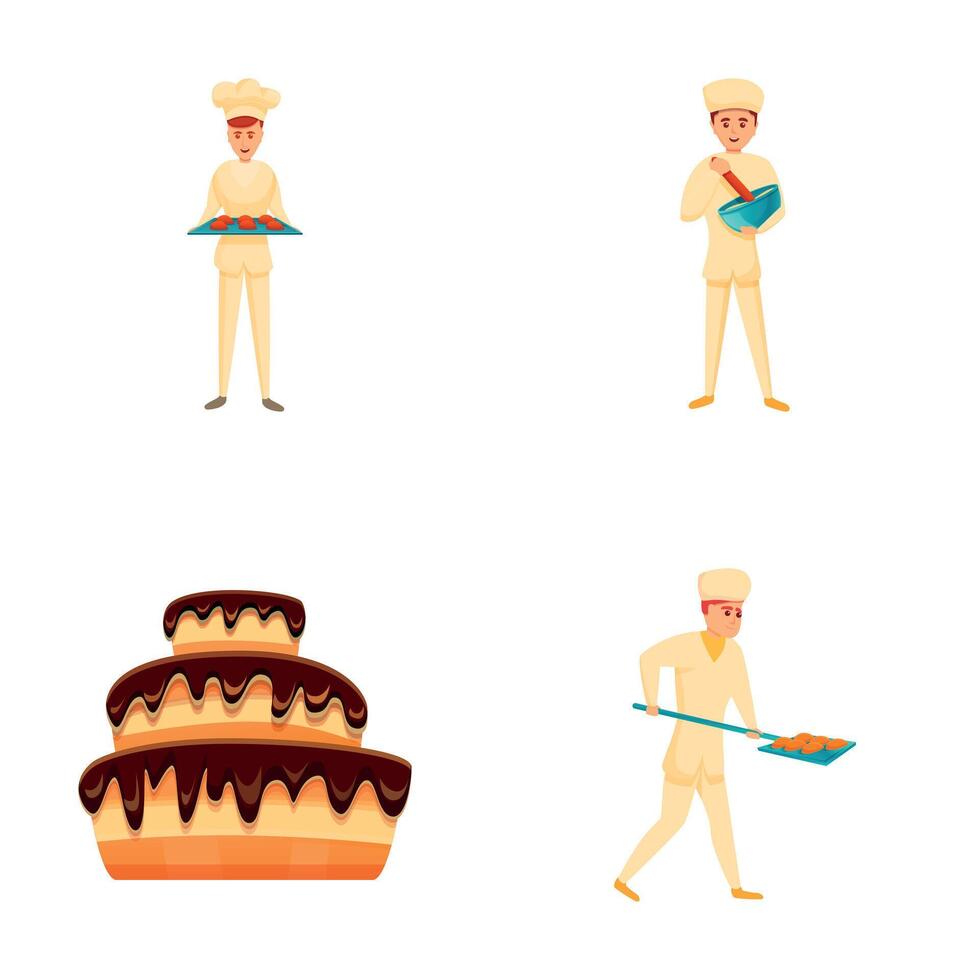 Pastry man icons set cartoon vector. Confectioner making cake and cookie vector