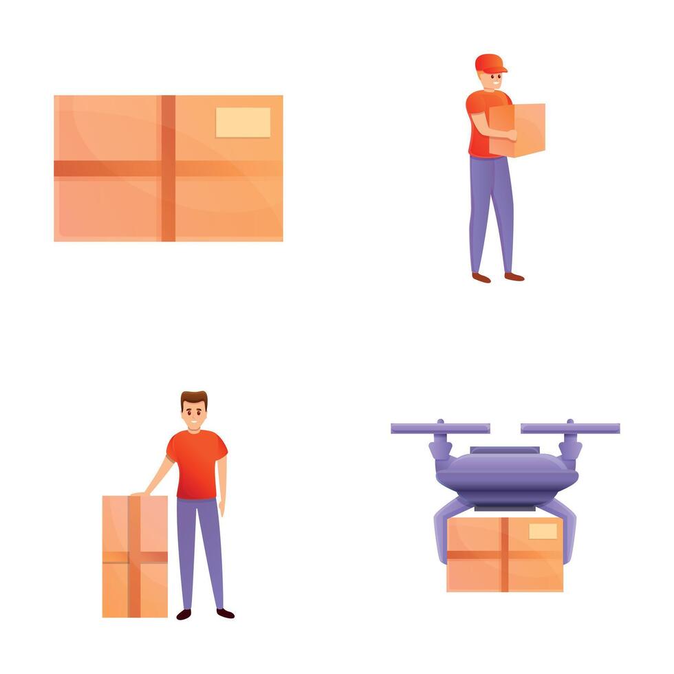 Modern delivery icons set cartoon vector. Quadcopter drone courier and parcel vector
