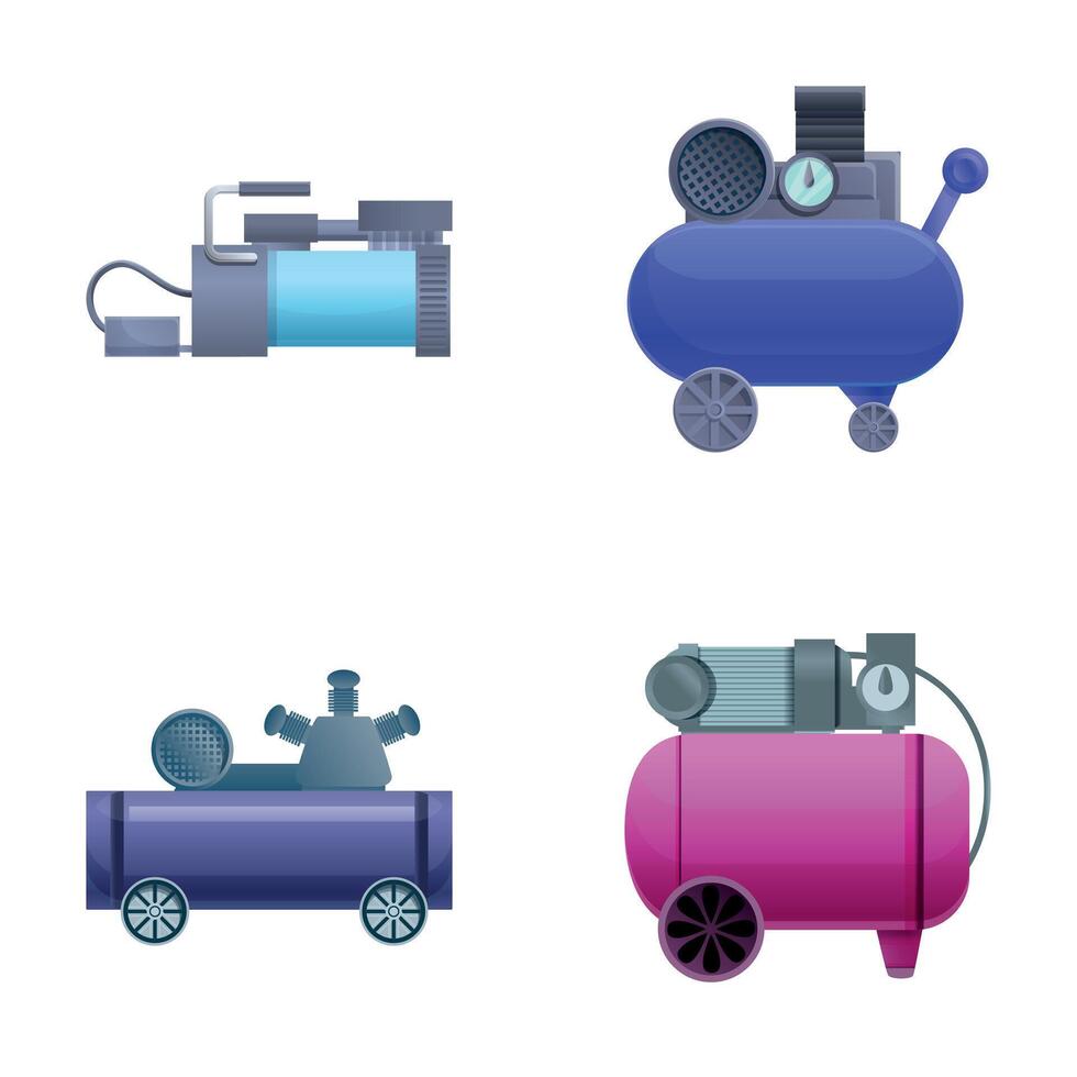 Piston compressor icons set cartoon vector. High pressure air compressor vector