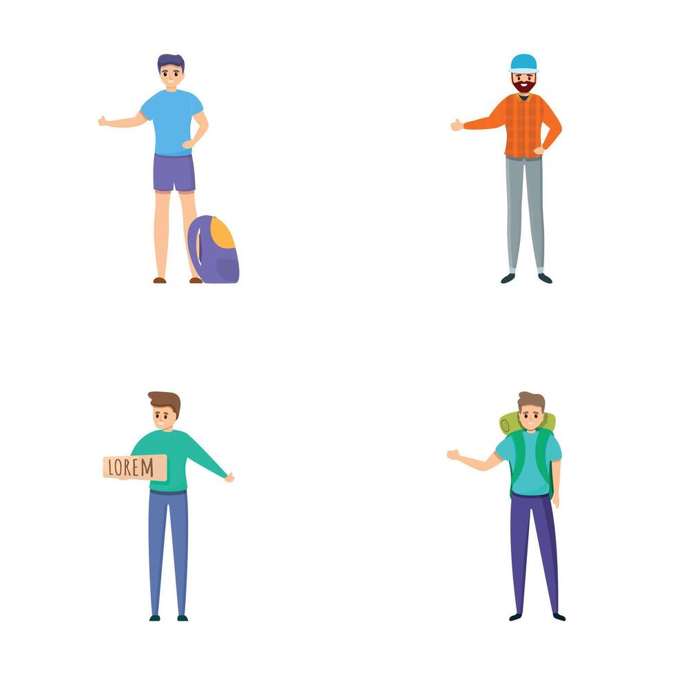 Autostop icons set cartoon vector. People hitchhiker gesturing thumb up vector