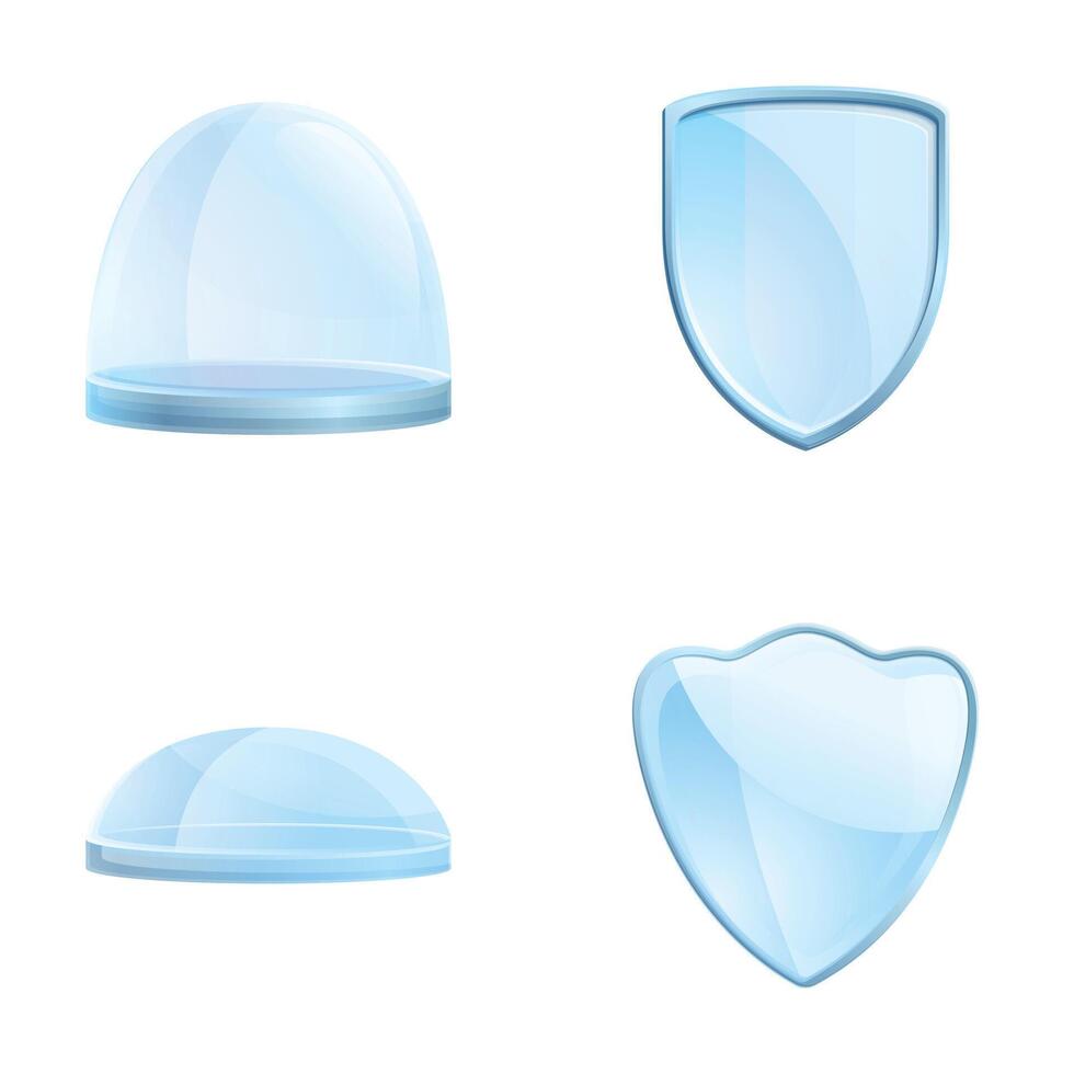 Protect shield icons set cartoon vector. Transparent glass shield and dome vector