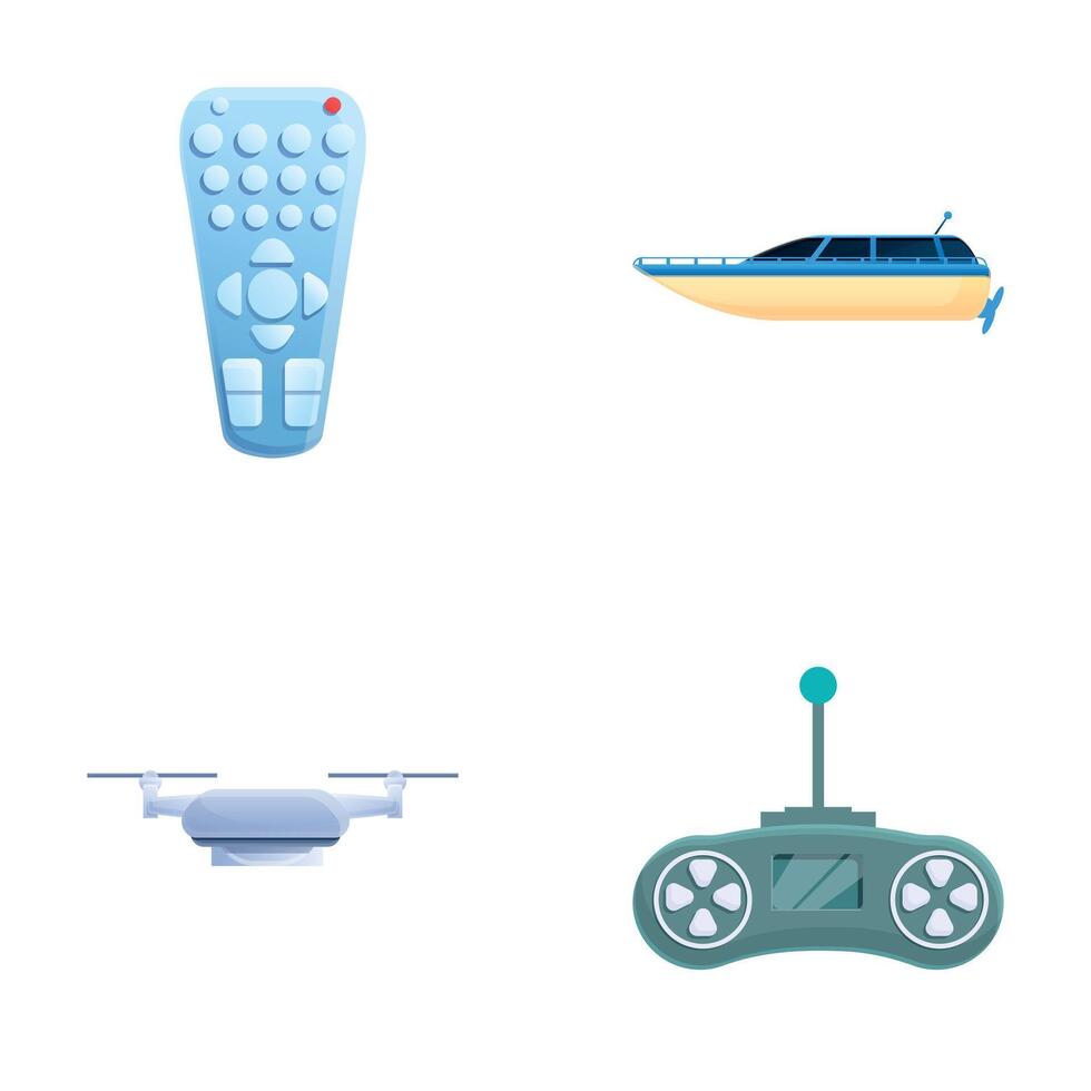 Smart toy icons set cartoon vector. Toy boat and drone with remote control vector