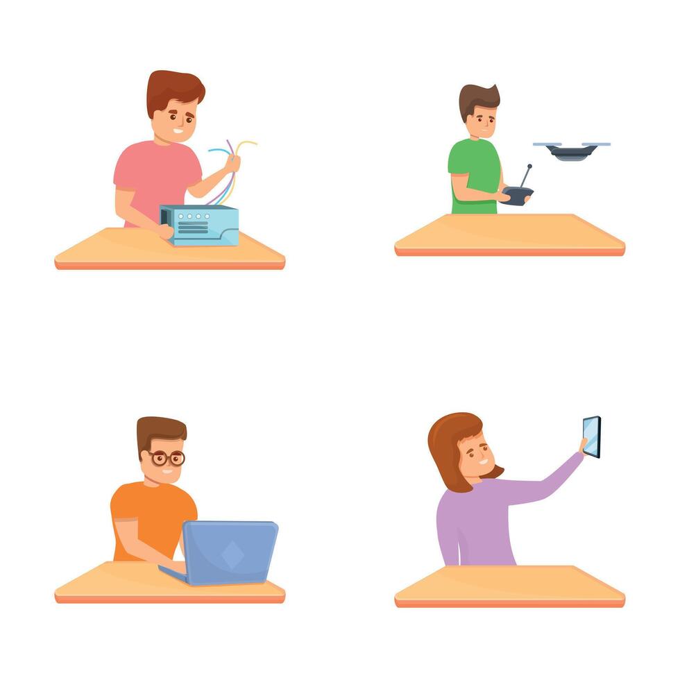 Robotics club icons set cartoon vector. Children with laptop creating robot vector