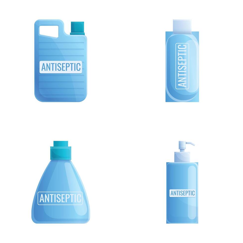 Antiseptic packaging icons set cartoon vector. Spray dispenser and bottle vector