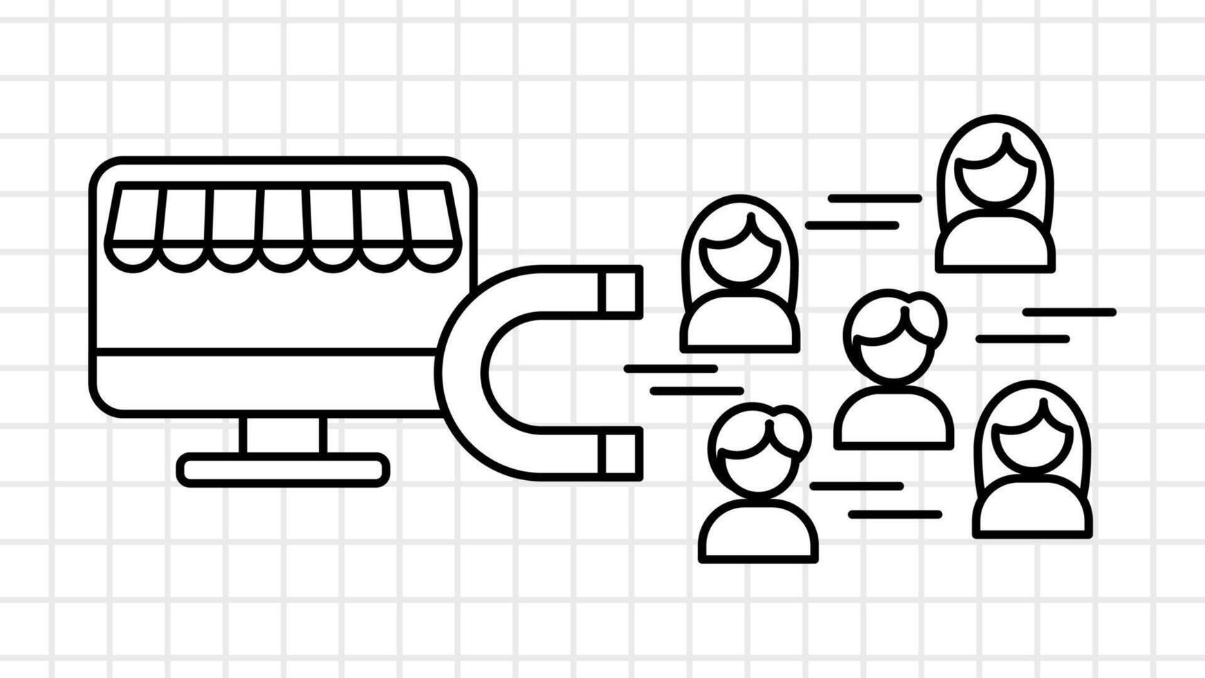 Lineart Whiteboard of Online store attraction customers. Market magnet attracted loyal customer vector