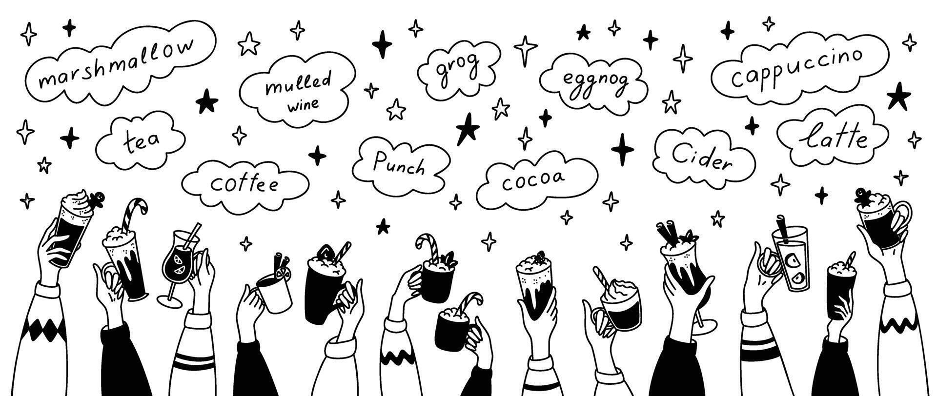 Christmas market doodle banner. Named winter hot drinks. New year party. Sketchy hands up with different beverages. Crowd of people having fun. Cocoa, mulled wine, marshmallow chocolate vector