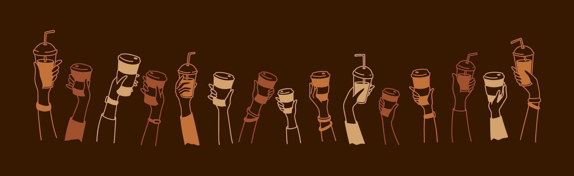 Coffee shop chalkboard design. Doodle hands up with coffee. Crowd of people, men and children holding disposable glass and paper cups. Teamwork concept background vector