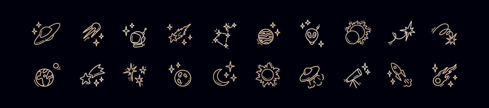 Doodle outer space cosmic icons set. Planets, constellation, spacecraft, rocket hand drawn linear illustration. Falling stars and comets. Alien ship. Astronomy science and astrology concept. vector