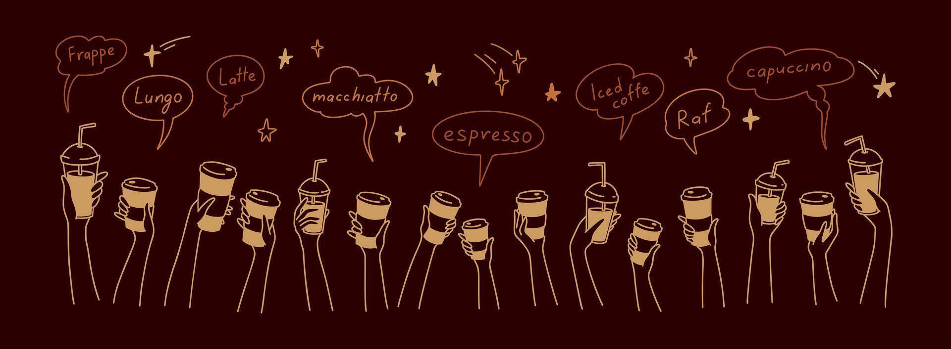 Coffee shop chalkboard design. Doodle hands up with coffee. Crowd of people, men and children holding disposable glass and paper cups. Teamwork concept background vector