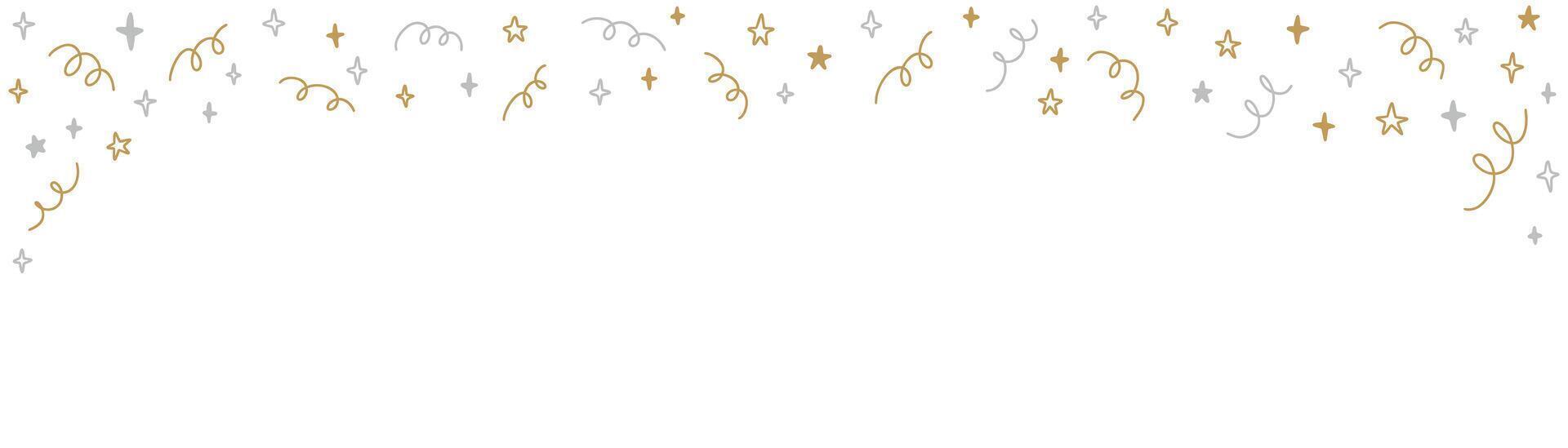 Horizontal doodle confetti background. Crayon hand drawn childish rectangle banner. Happy Birthday, Merry Christmas and happy new year golden greeting card. Streaming concept vector