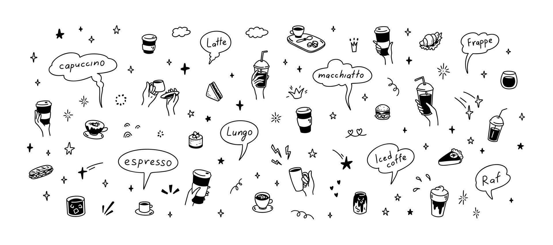 Cute line doodle coffee shop icon set. Hot and cold drinks, desserts, cake, sandwich, croissant. Hand drawn cafe and patisserie design elements. Crayon scribble and squiggle drawings vector