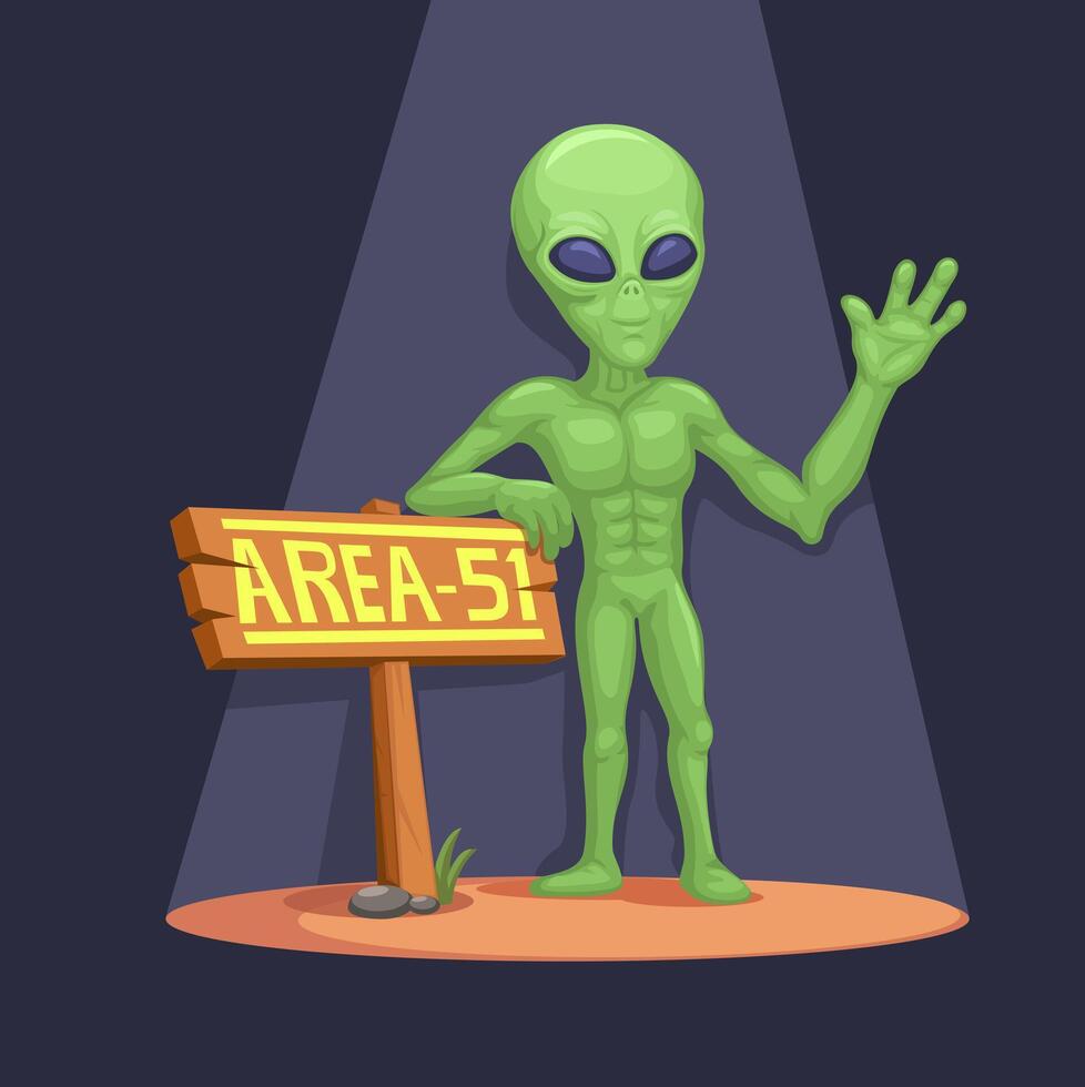 Alien At Area 51 Road Sign Cartoon Illustration vector
