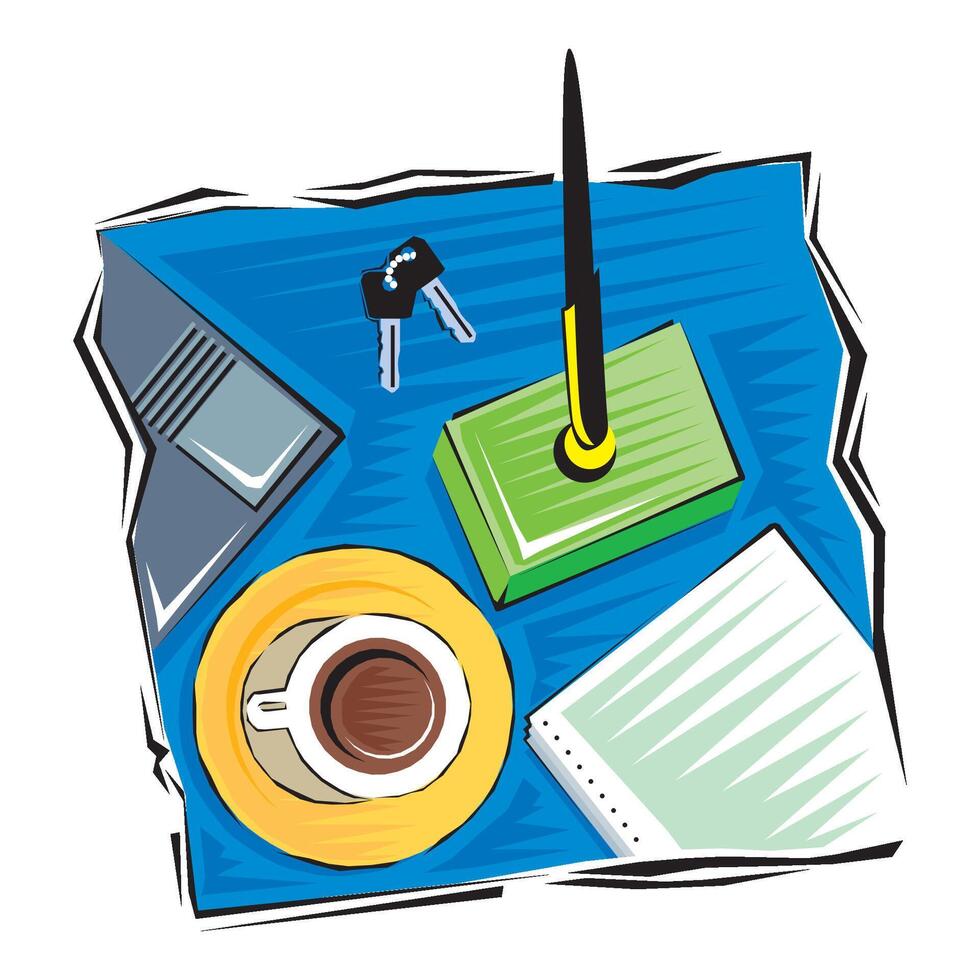 abstract Clip Art of Office tools and stationery supplies on wooden table vector