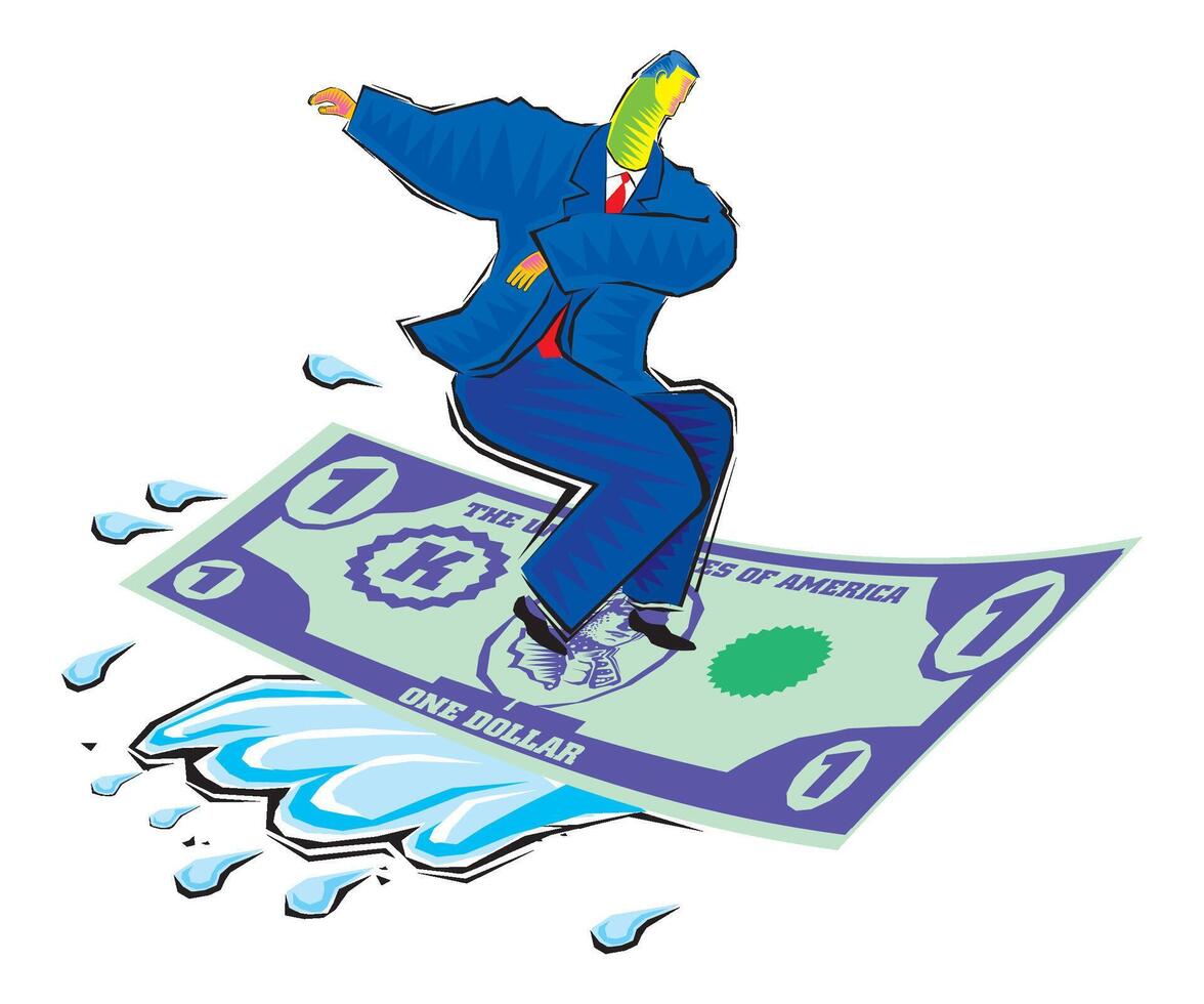 Clipart of Riding the finical wave - Businessman flying carpet made of dollar currency vector
