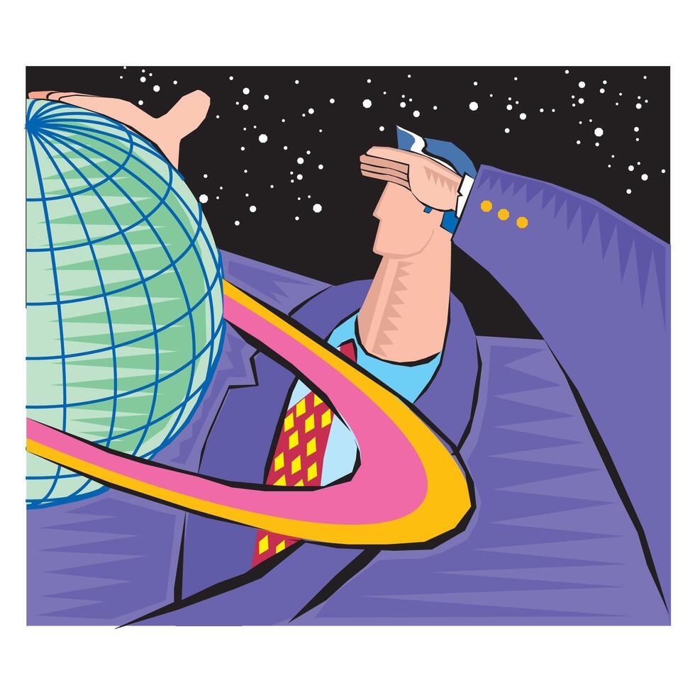 abstract Clipart of a businessman puts his hand on the model of the planet vector