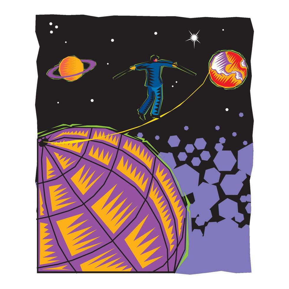 Clipart of Man walking in a string between planets vector