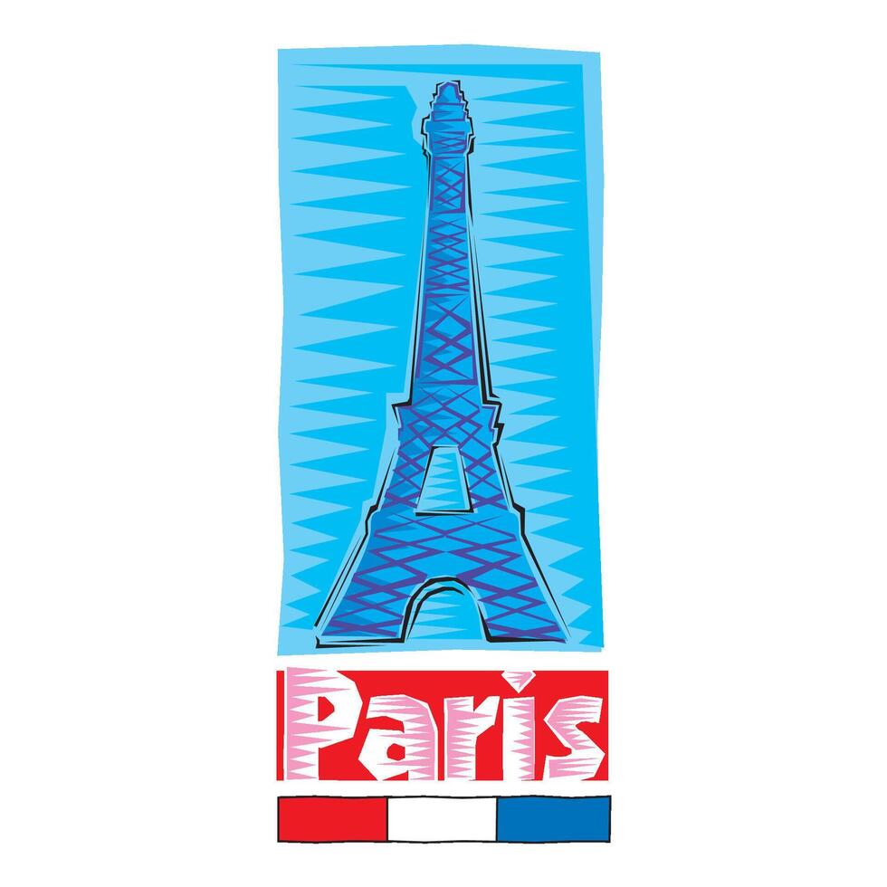 Clipart of Paris Colorful hand drawn Eiffel tower isolated on blue background vector