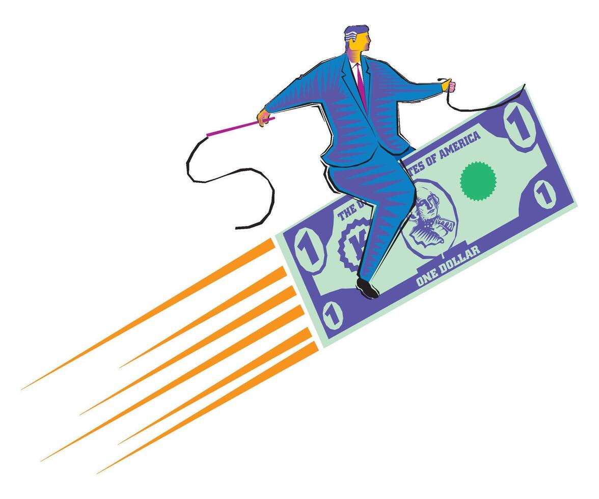 Clipart of Riding the dollar - Businessman flying carpet made of dollar currency vector