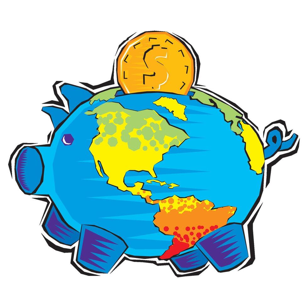 Piggy Bank with World Map Symbol of Global Economy Cartoon with a golden coin over it. Finance donate banking business vector