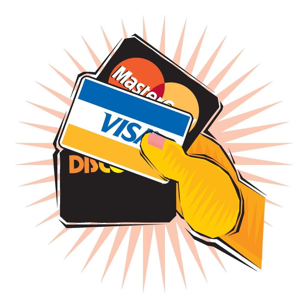 Hand holding credit cards for deposit cash withdrawal and money transfer operations promotion poster abstract vector