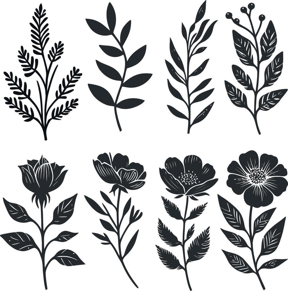 Flower design elements silhouette pattern, black and white decorative Floral design Silhouette Motif Pattern vector