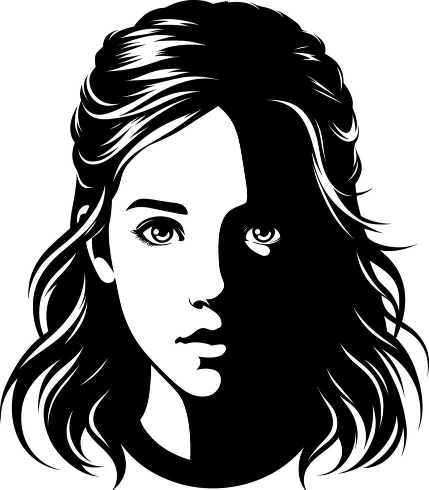 Girl's or woman's face with beautiful hair Black and white silhouette vector