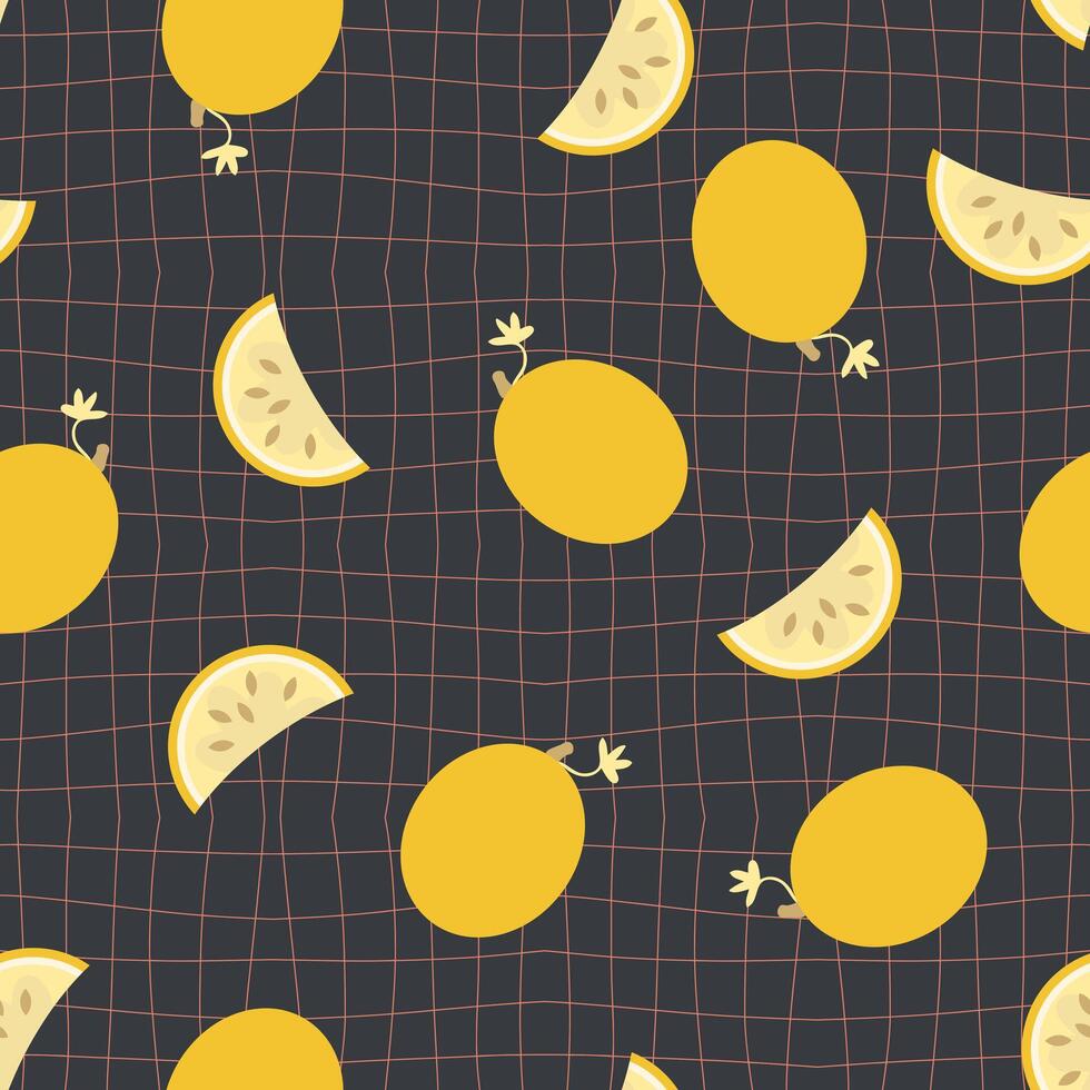 Groovy style melons seamless pattern on grid distorted background. Perfect print for fabric, paper, textile. Hand drawn illustration. vector