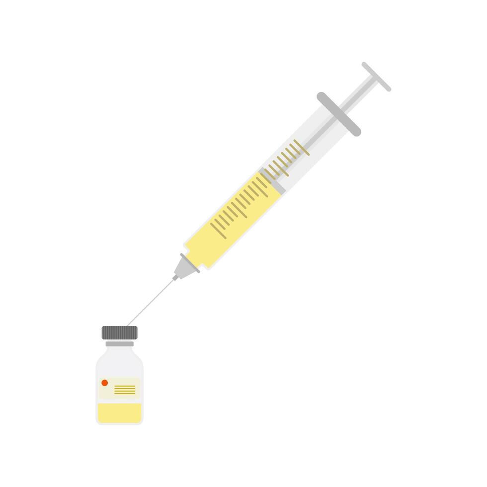 syringe with vaccine bottle flat design illustration isolated on white background. Medical And Healthcare Icon In Flat Design Style. Syringe and medicine bottle vector