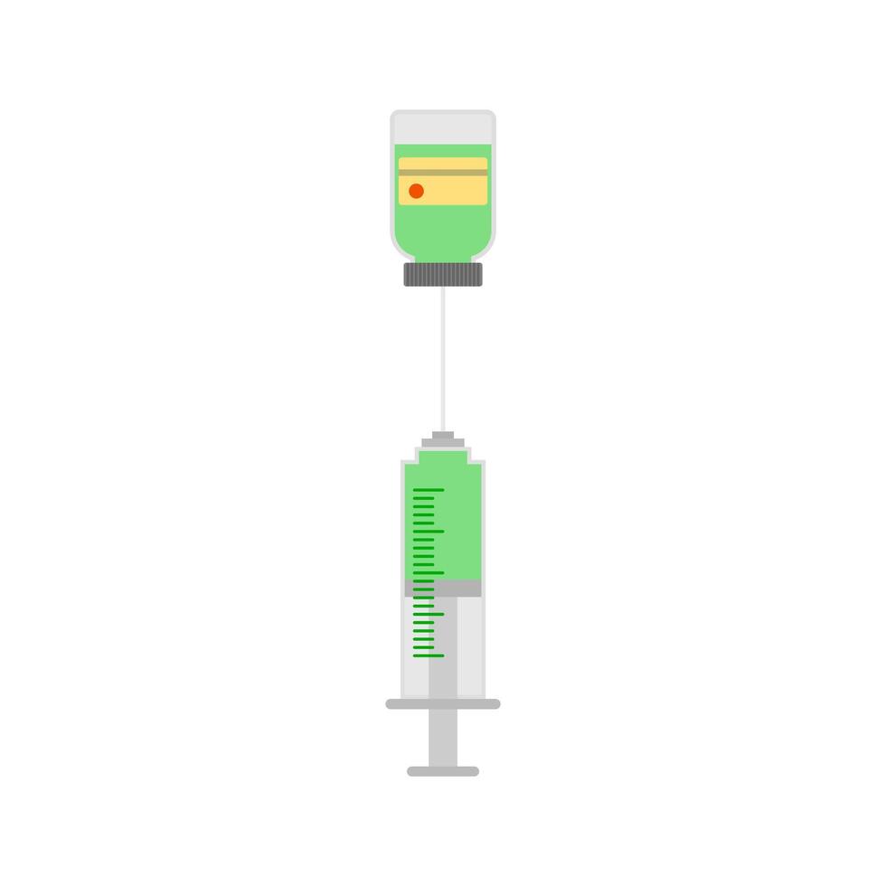 syringe with vaccine bottle flat design illustration isolated on white background. Medical And Healthcare Icon In Flat Design Style. Syringe and medicine bottle vector