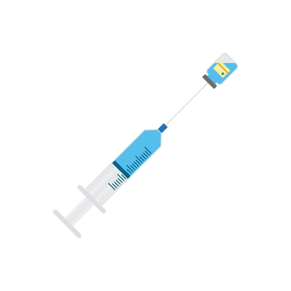 syringe with vaccine bottle flat design illustration isolated on white background. Medical And Healthcare Icon In Flat Design Style. Syringe and medicine bottle vector
