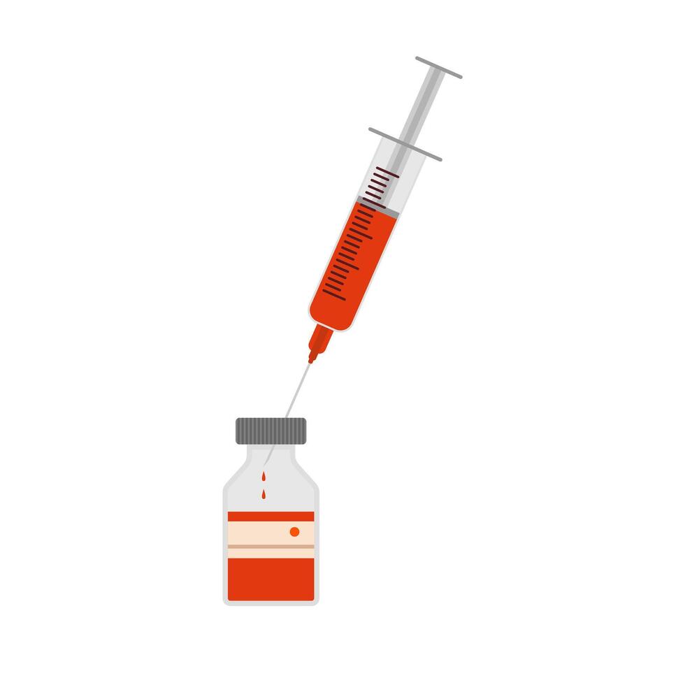 syringe with vaccine bottle flat design illustration isolated on white background. Medical And Healthcare Icon In Flat Design Style. Syringe and medicine bottle vector